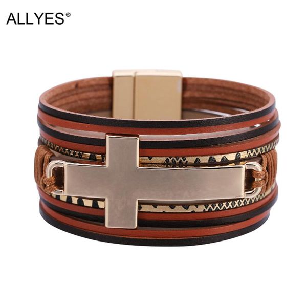 

tennis allyes simple cross charm bracelets for women multilayer slim strips leather wrap bracelet bangle religious jewelry gifts, Golden;silver