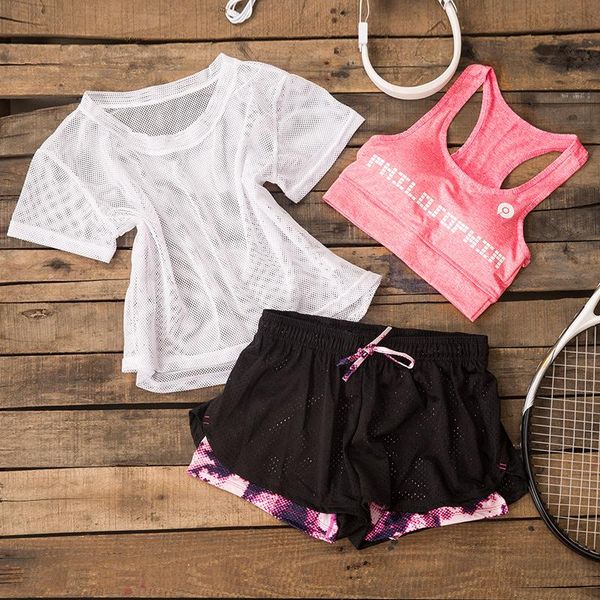 

two piece dress fitness running suit women lady shorts three-piece set of quick-drying sweat-absorbent mesh loose smock summer short sleeve, White