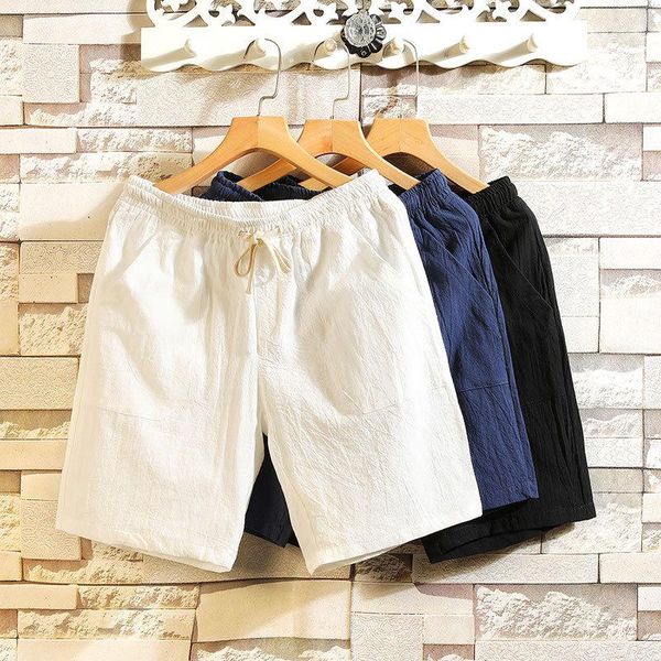 

summer men linen shorts men's casual solid cotton fashion style beach male plus size knee length trousers, White;black