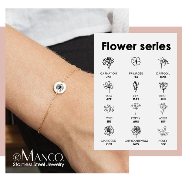 

charm bracelets 9mm/13mm month symbol rose lotus flower braclets lovers coin bracelet 316l stainless steel chain women customized jew, Golden;silver