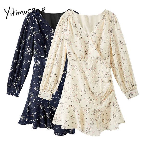 

yitimuceng ruffles floral pint mini vintage high waist dresses women v-neck a-line solid spring french fashion dress 210601, Black;gray