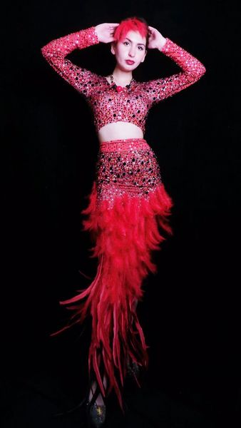 

dress high elastic red crystal beading feather bodycon dress dj party singer costumes, Black;gray