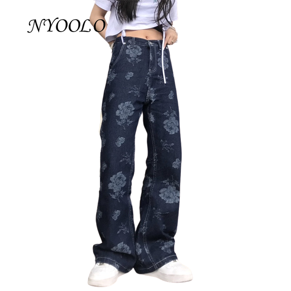 

women's jeans nyoolo vintage streetwear rose flower jacquard high waist y2k washed women casual full length baggy straight denim pants, Blue
