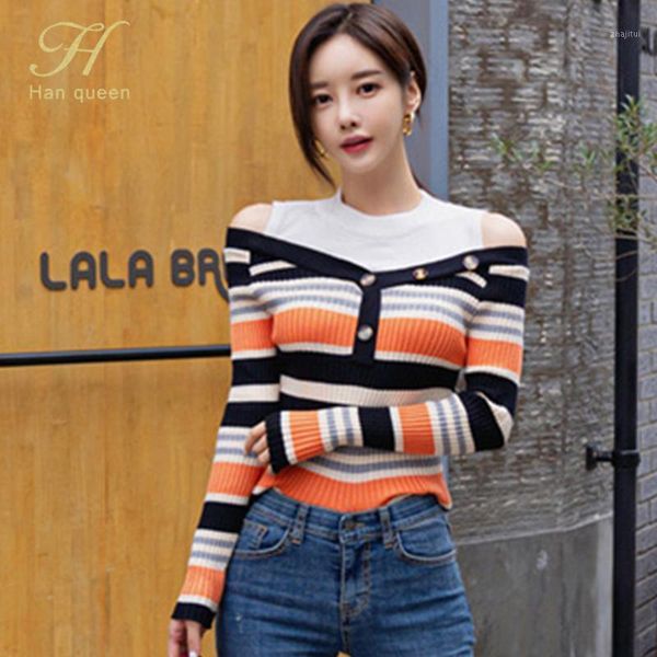 

women's sweaters h han queen 2021 autumn winter stripe knitted stretch sweater women elegant elastic off the shoulder bottoming, White;black