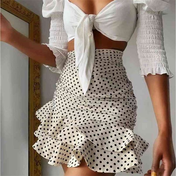 

women vanilla polka dot high-waisted mini skirt ruching detail ruffled hem back hidden in-seam zip closure skirt 210730, Black