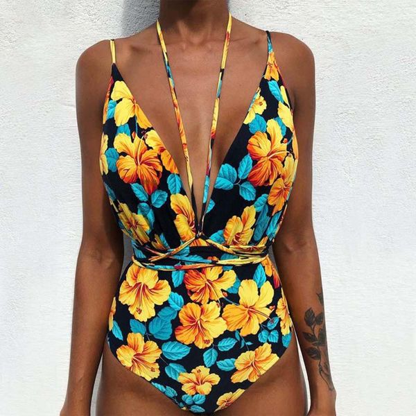 Sexy Swimsith Halter Halk High Neck One Piece Bikini Fashion Feminino Flor de gola Vibra Flor Flor Print