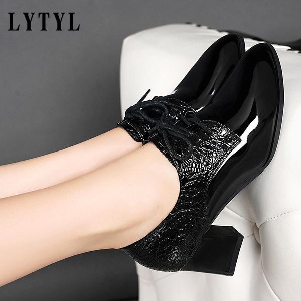 

dress shoes elegant for women 2021 spring high heels deep mouth genuine leather lace up plus size 34-48 black b4-407