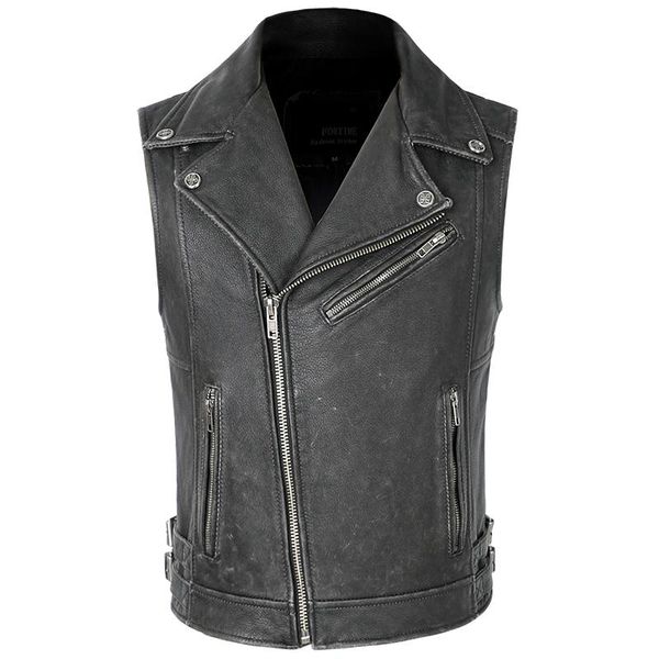 

men's vests black retro leather vest sleeveless jacket diagonal zipper motorcycle riding slim genuine, Black;white