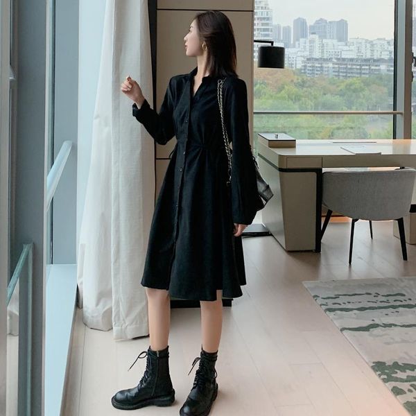 

autumn turn down collar sash long sleeve knee length dress elegant black solid casual dresses, Black;gray