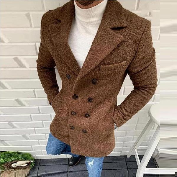 

men's wool & blends mens casual woolen long jackets men winter warm double breasted sleeve outerwear autumn fashion solid turn-down col, Black
