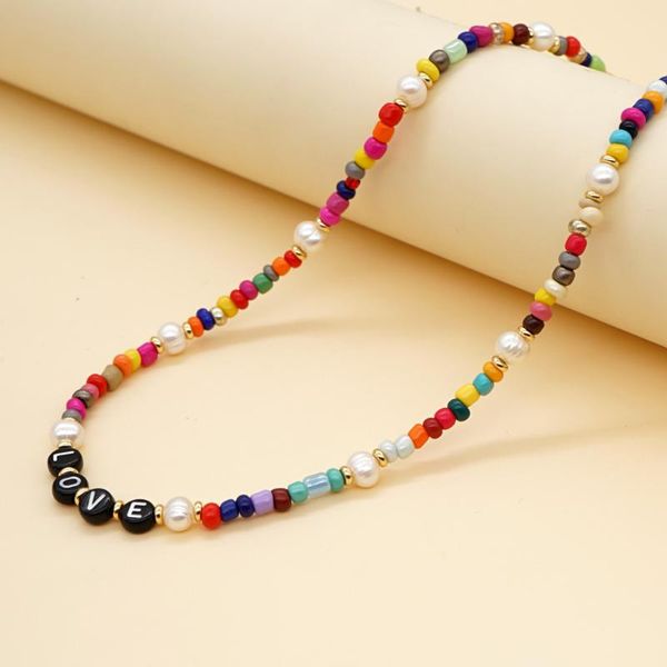 

chokers shinus freshwater pearl beaded necklace love letter necklaces choker for women boho beach pearls jewelry steel chain, Golden;silver
