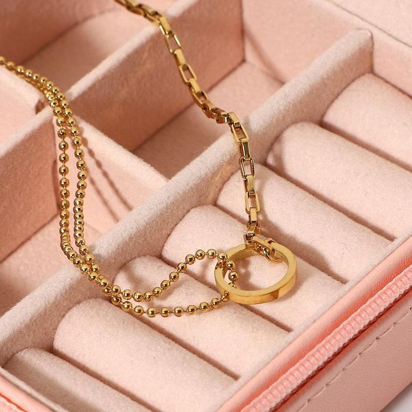 

pendant necklaces ins plated gold titanium steel double layer snake chain bead hollow round necklace for women girl party jewelry gift, Silver