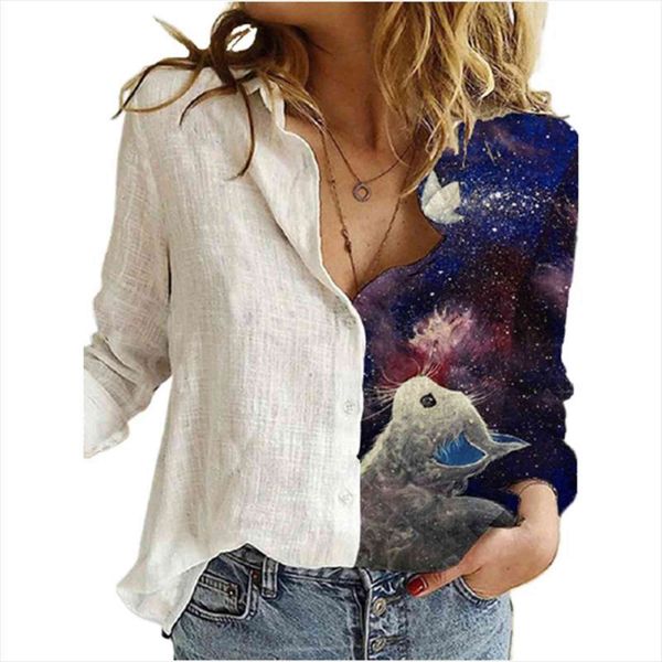 

autumn 3d printing cute cat women shirt and butterfly cartoon patchwork long sleeve vintage blouses, White