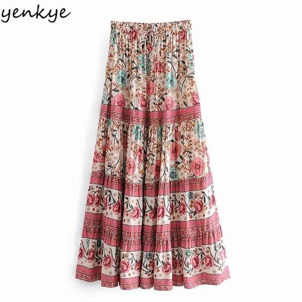 

vintage floral print long maxi skirt women elastic high waist pleated casual jupe femme holiday summer boho 210514, Black