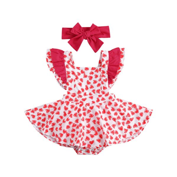 

newborn toddler baby girls sleeveless o-neck romper dress clothes heart print ruffles sleeve romper jumpsuit dress outfits, Blue