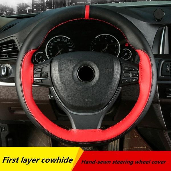 

steering wheel covers diy 38cm car cover head layer cowhide material sports breathable non-slip hand-sewn auto parts with needlework