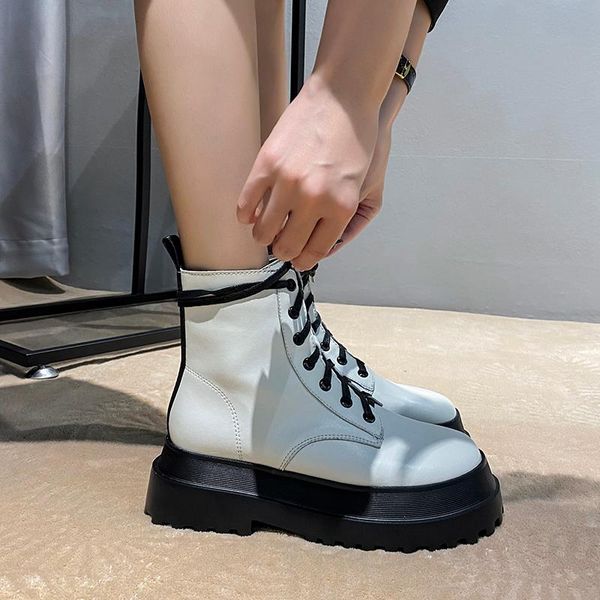 

boots for women platform shoes winter warm snow fashion heel ankle lace-up leather chunky girls footwear, Black