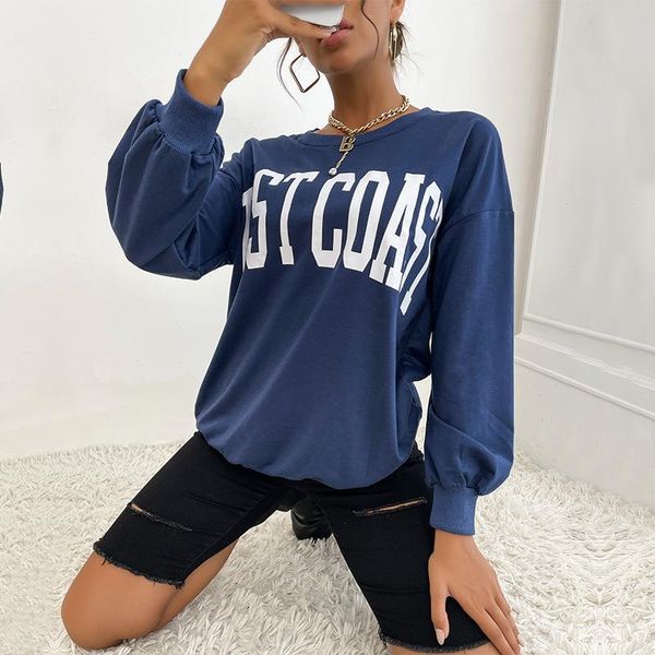 

women's hoodies & sweatshirts letter print pullover women autumn 2021 loose thin cotton o neck famale fashion casual ladies blue, Black