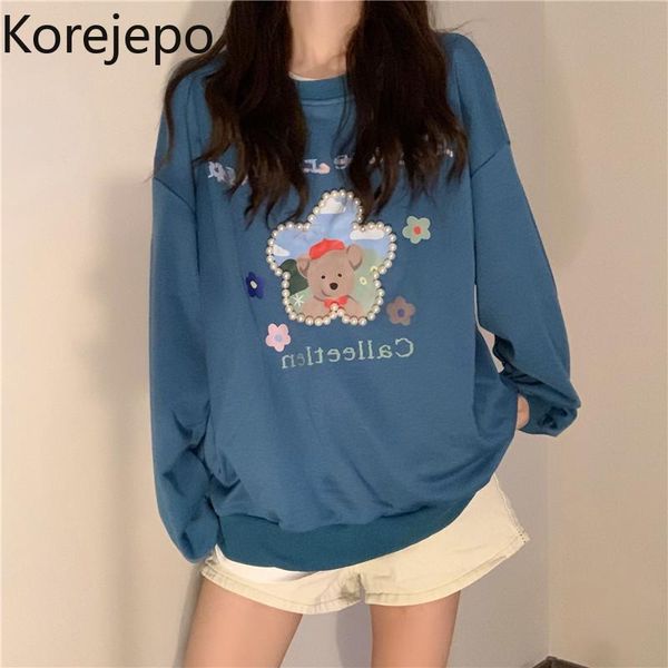 

women's hoodies & sweatshirts korejepo women pearl printing loose sweet cool jacket 2021 early autumn retro o-neck printed long sleeve, Black