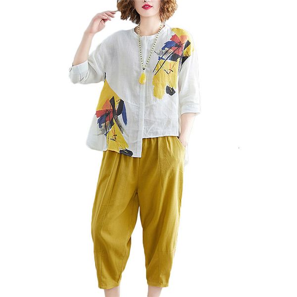 

short set print sets loose mode shirt chiffon irregular row harem casual pants wide legs defining summer women electrical belt training f679, White;black