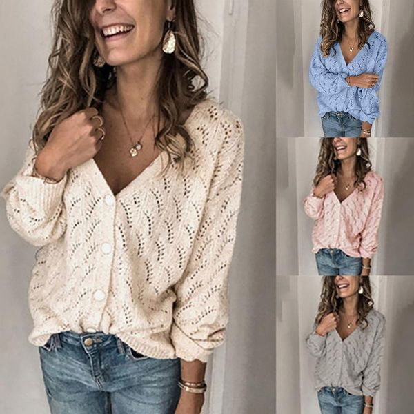 

women's knits & tees 2021 cardigan women sweater korean fashion crochet hollow v-neck long sleeve single-breasted knit pullover #01, White