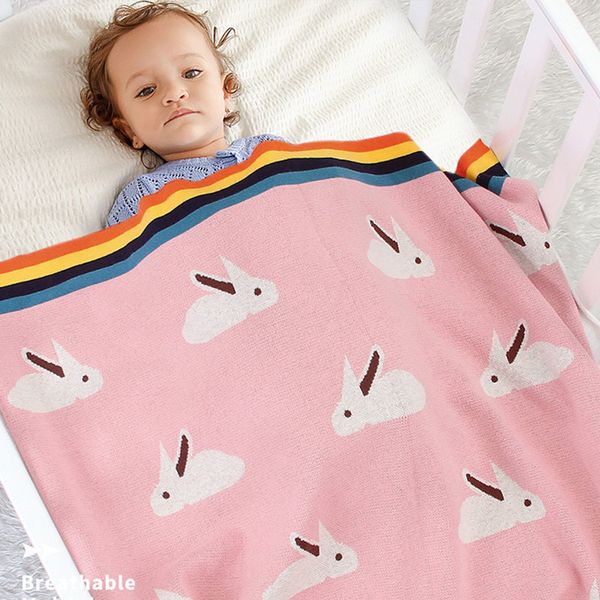 

spring autumn infant baby boy girl lovely rabbit rainbow edge knit blanket born quilt boys girls hold 210429, Blue