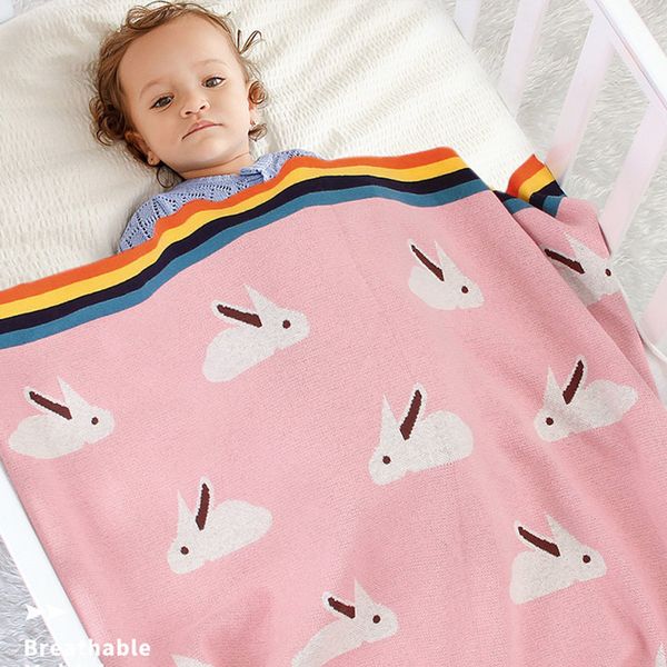 Primavera Autunno Neonato Neonato Ragazza Bel Coniglio Arcobaleno Bordo Coperta in maglia Quilt per ragazze Trapunta nata 210429