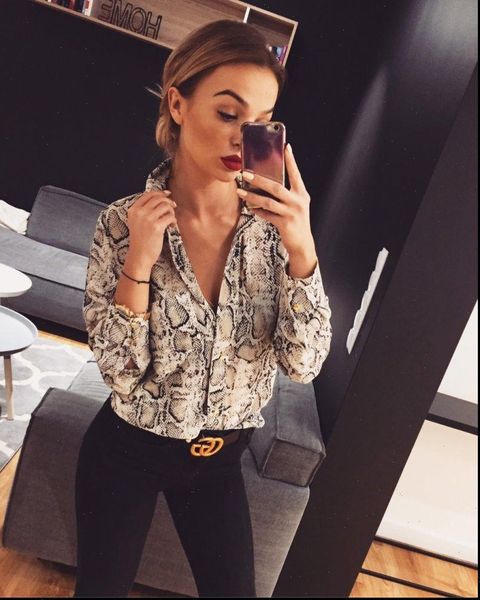 

fashion snake skin womens shirts leopard print elegant v neck loose long sleeve casual streetwear, White