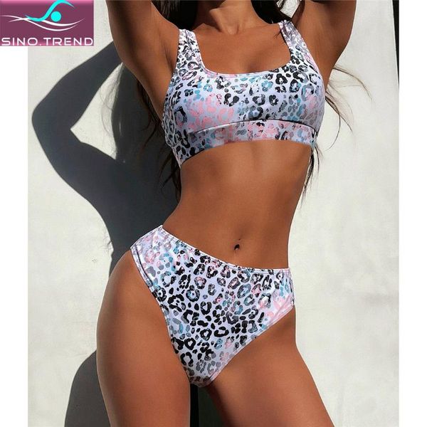 

one-piece suits sino.trend cross back pink leopard female swimsuit high waist bikini set women swimwear two-pieces bather bathing suit swim