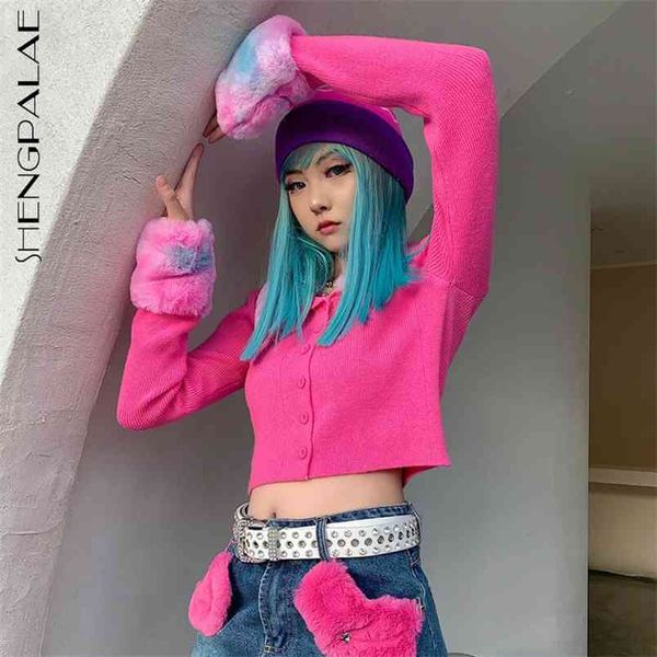 

sweet sweater women's spring big hair collar contrast single breasted long sleeve short knitted cardigan 210427, White;black