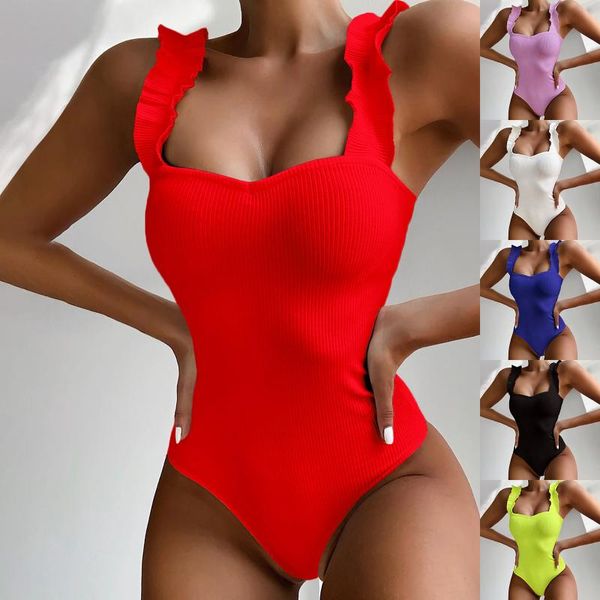 

women's swimwear one piece solid color agaric side shoulder strap swimsuit female beach wear summer, White;black