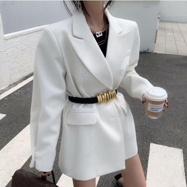 

[ewq] 2021 spring female casual notched collar long-sleeved double breasted loose minimalist wollen blazer coat (no belt) 8y789 women's, White;black
