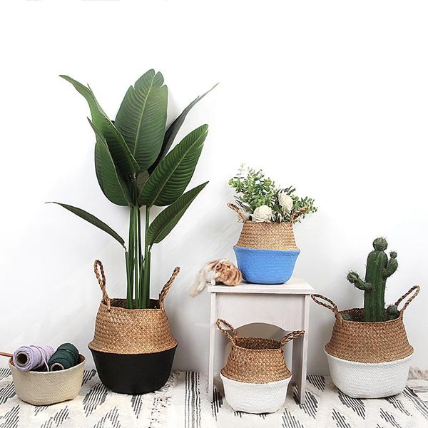 

storage baskets household pot straw woven environmental protection foldable plant basket sundries