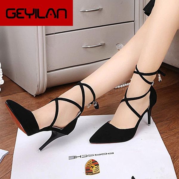 

dress shoes gladiator women pumps cross strap high heels sandals pointed toe heel fashion suede ladies, Black
