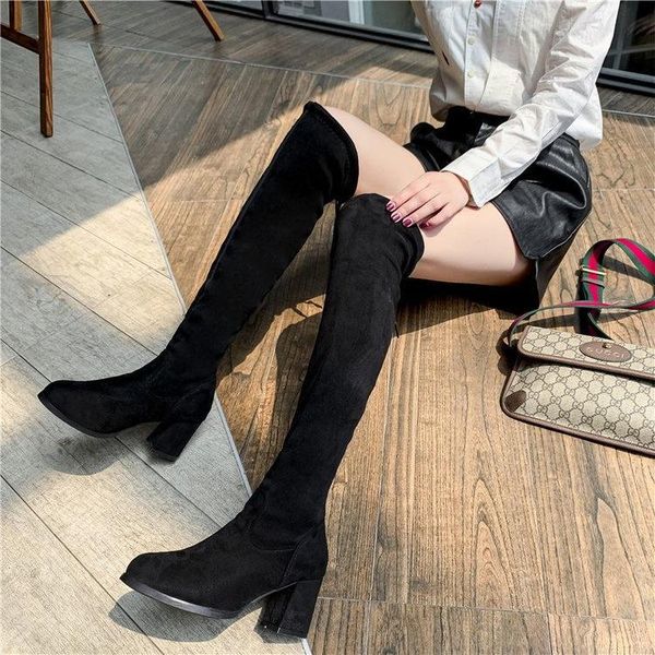 

boots women's knee high heel knight suede thick lace up artificial plush black barrel rubber