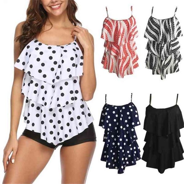 Plus Size Dois Peça Swimsuit Polka Dot Imprimir Swimwear Mulheres Ruffle Tankini Push Up Shorts Bathing Suit 2XL Praia Pad 210630