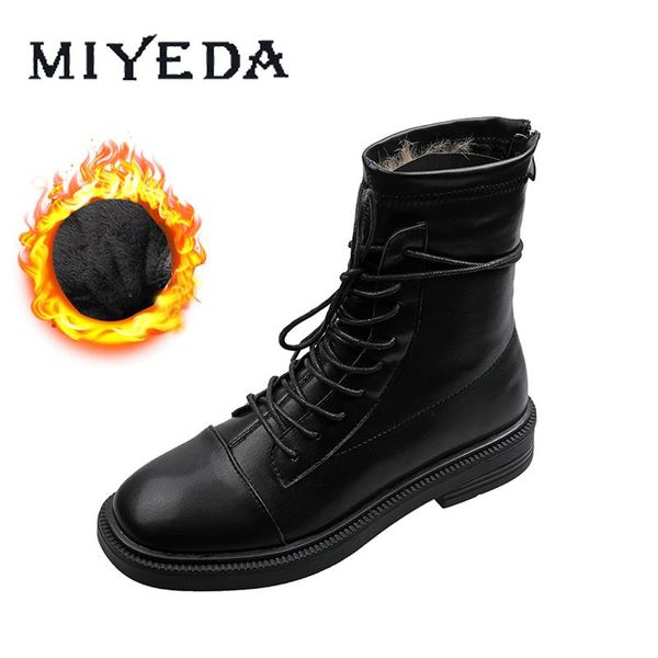 

boots leather ladies round toe back zipper high-lace-up warm long plush flat pu black brown low heel female ankle