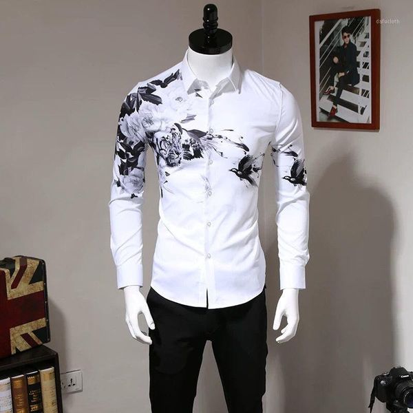 

men's casual shirts 2021 autumn european and american youth trend tiger flower bird digital printing non-iron white shirt male long sle, White;black