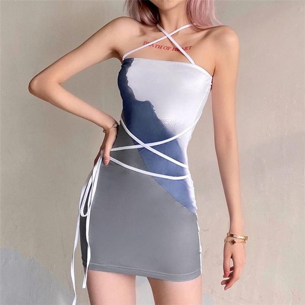 

sling mini dress tie dye printed contrast color cross strap patchwork slim summer casual dresses, Black;gray