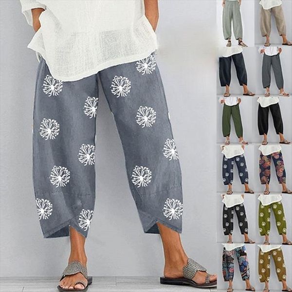 

harem vintage printed cotton linen womens capri wide leg trousers summer casual pocket pantalon elastic waist loose cropped, Black;white