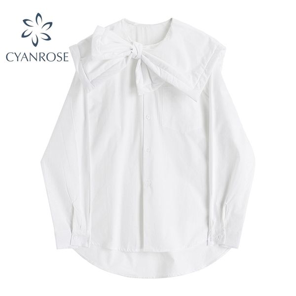 

irregular sailor collar sweet blouse women plus size bownot design cardigan korean party white shirts female elegant 210515