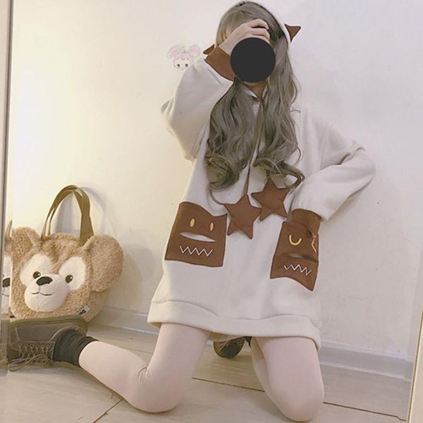 

women's hoodies & sweatshirts harajuku women hooded 2021 winter sweatshirt plus velvet mid-length casual cute stars clothes fashion pul, Black