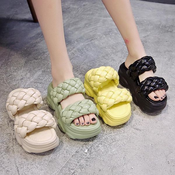 

summer women slipper brand weave ladies sandal shoe low open toe flat casual slides beach flip flops antiskid high muffin sandals, Black
