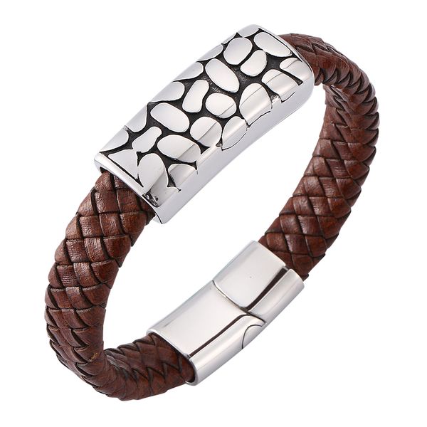 

personality geometry men's brown woven leather bracelet stainless steel magnetic buckle fashion charm bracelet 7-sp0169, Golden;silver
