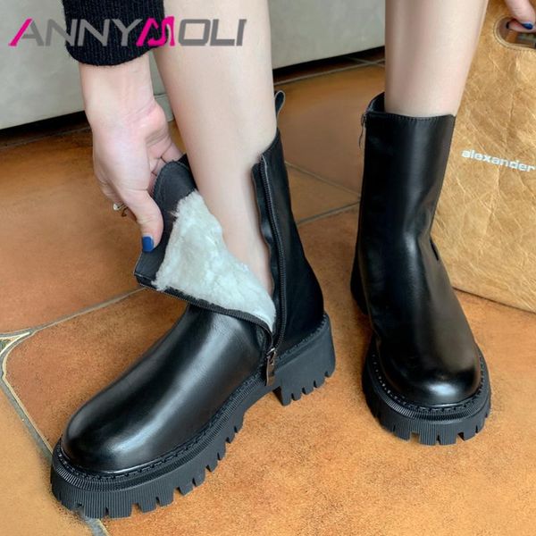 

boots annymoli real leather natural wool fur platform high heel short women round toe shoes thick heels zip ankle black