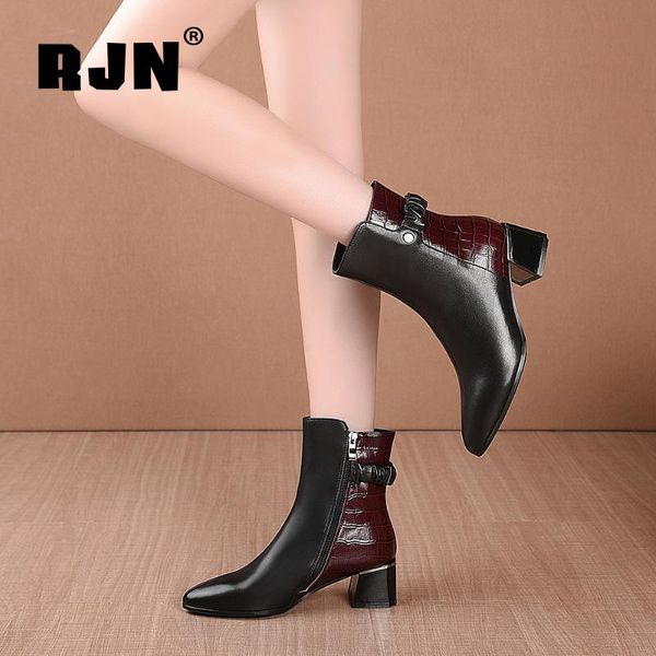 

boots rjn women's ankle genuine leather elegant ladies pointed toe patchwork low heel work walking winter women shoes ro448, Black