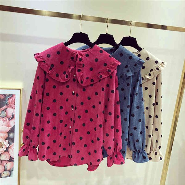 

spring autumn fashion women long sleeves turn-down dot shirts female blouse a606 210428, White