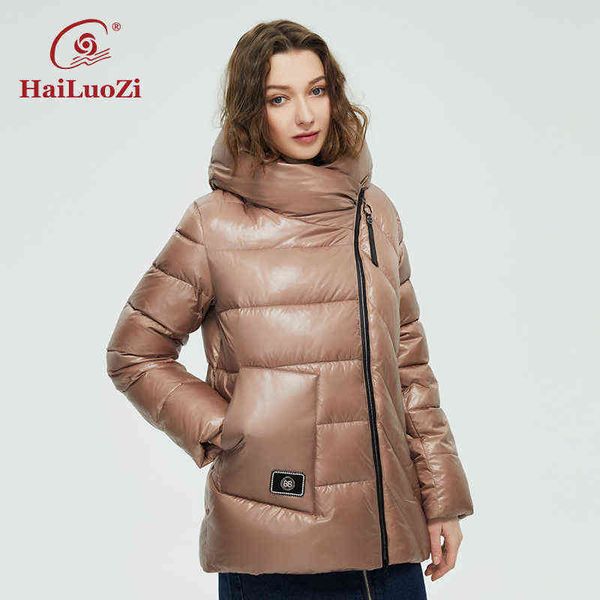 

hailuozi women's winter jacket classic oblique placket series short slim warm down est design women coat hooded parka 65 211118, Black