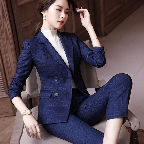 

women's two piece pants 2021 spring autumn women elegant set female double breasted blazer and high waist trousers lady plaid suit n245, White