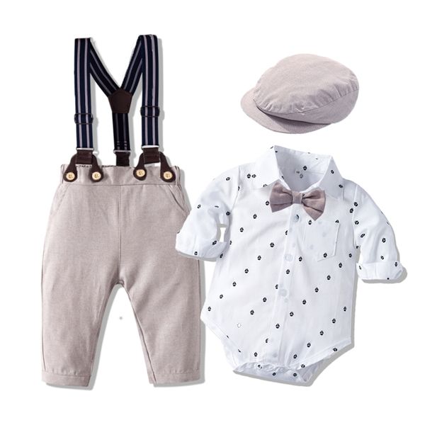 Strampler Kleidung Set für Baby Jungen mit Schleife Hut Gentleman gedruckt Frühling Anzug Baumwolle Kleinkind Kinder Bodysuit Säuglingskinder lang 210816